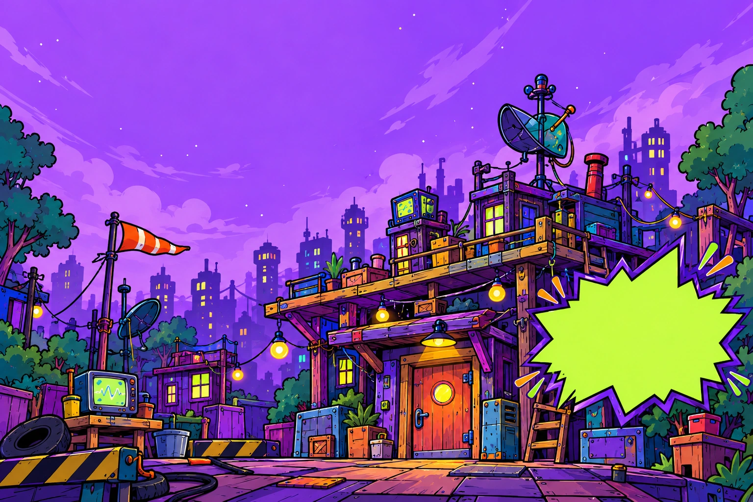 An illustrated purple rooftop clubhouse
