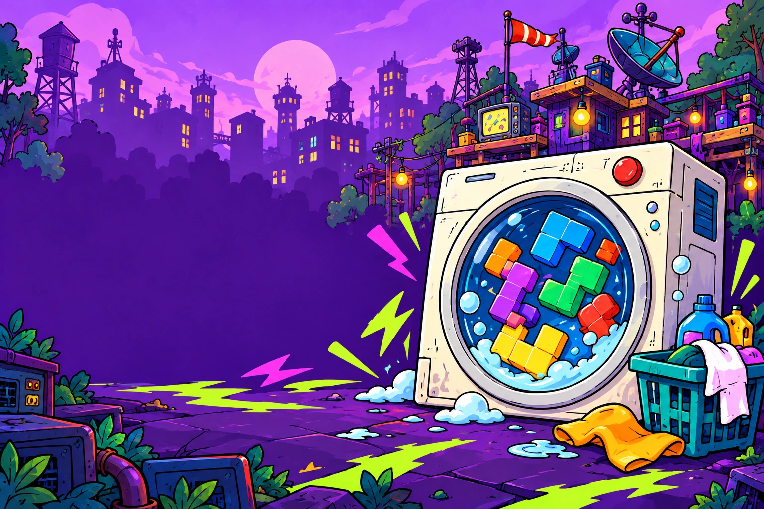 A cartoon washing machine full of colorful blocks in a purple playground